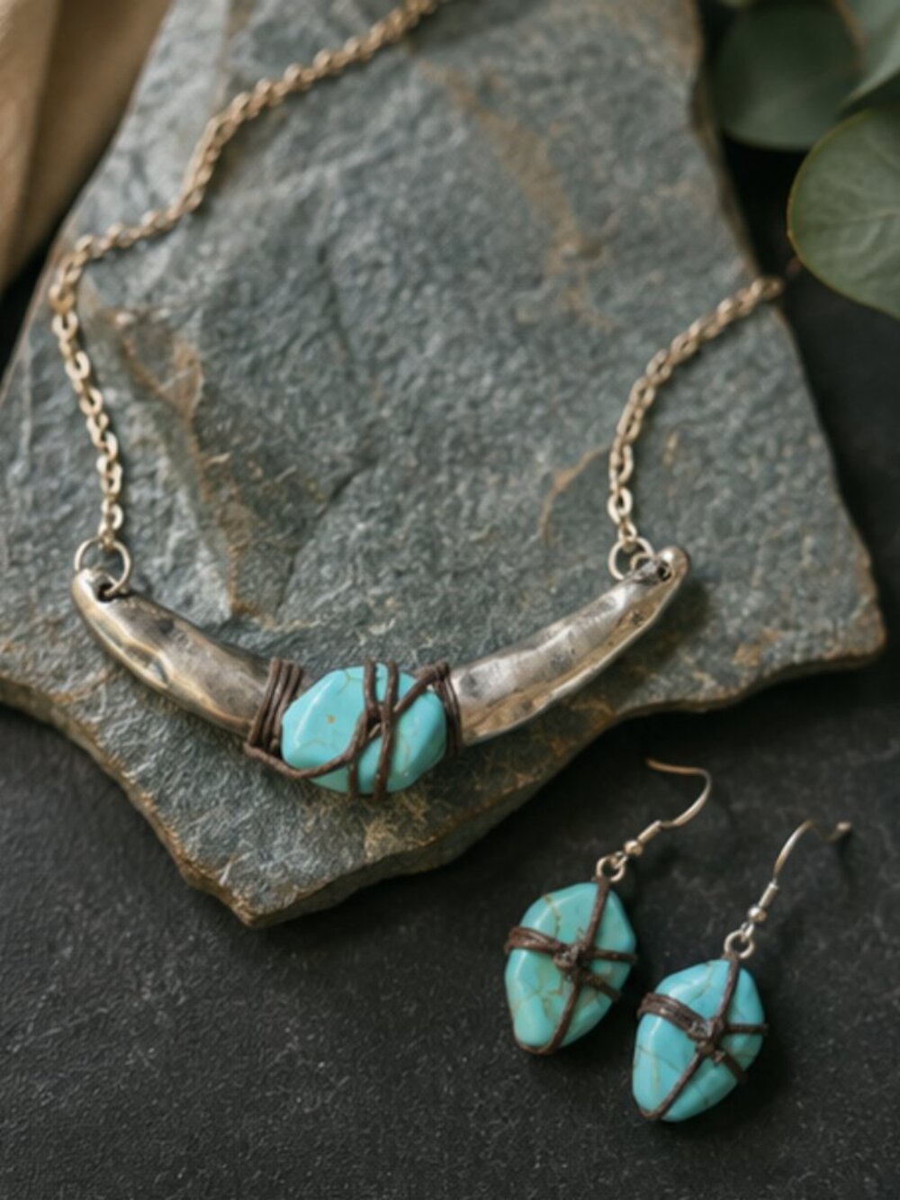 Turquoise & Antiqued Silver-Tone Necklace + Earrings Set | Southwestern Boho